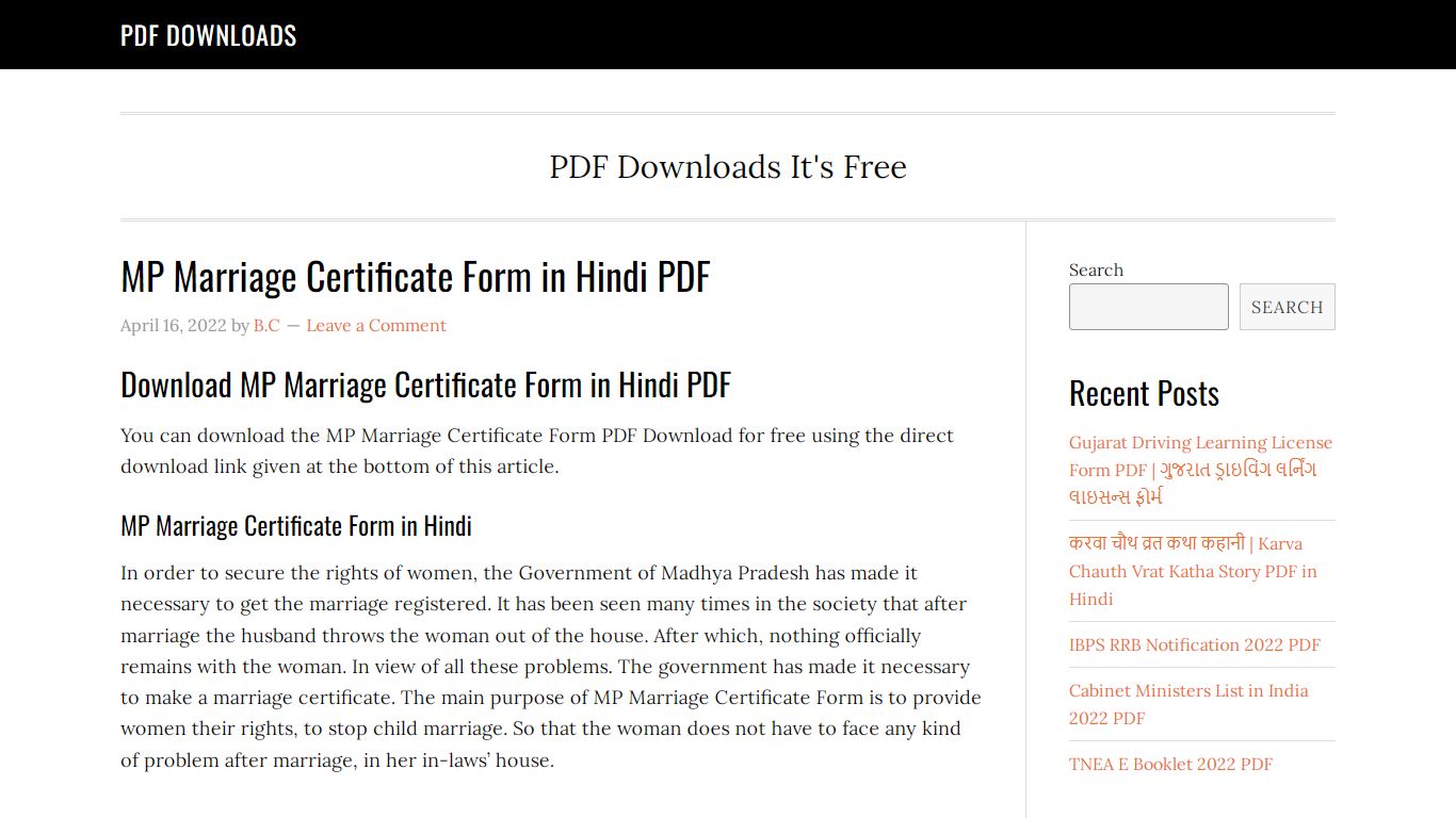 [PDF] MP Marriage Certificate Form in Hindi PDF